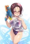  1girl breasts brown_hair commentary_request competition_swimsuit forehead glasses highleg highleg_swimsuit highres large_breasts lips lolita_majin one-piece_swimsuit original purple_swimsuit red_eyes shirt short_hair solo swimsuit swimsuit_under_clothes tied_shirt water_gun wet wet_clothes wet_shirt white_shirt 