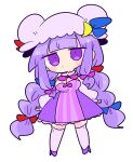  1girl alternate_hairstyle bangs blue_bow bow braid breasts crescent crescent_hat_ornament double_bun dress hair_bow hat hat_ornament high_heels highres kneehighs large_breasts long_hair mob_cap op_na_yarou patchouli_knowledge pink_bow purple_eyes purple_footwear purple_hair purple_legwear red_bow short_hair simple_background solo striped striped_dress touhou vertical-striped_dress vertical_stripes very_long_hair white_background 