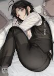  1girl :o antenna_hair ass bed_sheet belt black_hair black_legwear black_pants black_vest blush breasts breasts_out content_rating cover cover_page feet_out_of_frame fetal_position from_above highres idolmaster idolmaster_(classic) kikuchi_makoto long_sleeves looking_at_viewer looking_up lying nipples no_humans on_bed on_side open_clothes open_shirt open_vest pants parted_lips pillow purple_eyes shirt short_hair small_breasts socks solo translation_request tsurui vest white_shirt 