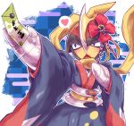  1boy arm_up bisharp black_eyes black_skin blade blue_background blue_kimono blush border clothed_pokemon colored_skin commentary_request cowboy_shot egasumi envelope flower hair_flower hair_ornament hand_up heart helmet highres japanese_clothes kimono light_blush long_sleeves looking_to_the_side male_focus new_year obi open_mouth otoshidama outside_border outstretched_arm penpi poke_ball pokemon pokemon_(creature) red_flower sash scarf solo sparkle speech_bubble spoken_heart standing translated ultra_ball white_border wide_sleeves yellow_scarf yellow_skin 