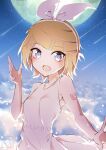  1girl above_clouds armpit_crease artist_logo backlighting bangs bare_arms blonde_hair blue_eyes bow bow_hairband dress fang full_moon giryu hair_bow hair_ornament hairband hairclip hand_up highres kagamine_rin looking_at_viewer moon night night_sky open_mouth shooting_star short_hair shoulder_tattoo skin_fang sky sleeveless sleeveless_dress smile solo star_(sky) swept_bangs tattoo upper_body vocaloid white_bow white_dress 