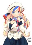  1girl artist_name bangs beret blonde_hair blue_dress blue_eyes blue_hair buttons commandant_teste_(kancolle) dated double-breasted dress hat highres jacket kantai_collection long_hair looking_at_viewer multicolored_clothes multicolored_hair multicolored_scarf one-hour_drawing_challenge owa_(ishtail) plaid plaid_scarf pom_pom_(clothes) red_hair scarf simple_background solo streaked_hair swept_bangs wavy_hair white_background white_hair 