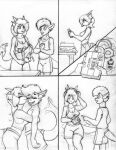  anthro anthro_on_anthro biped black_and_white blak_(blak-dragon-boymk2) blush breasts cassette_player cleavage clothed clothing comic dragon duo embrace eyes_closed female fully_clothed gift grin hair headphones hi_res holding_object horn hug kissing male male/female medium_breasts monochrome scalie smile standing subi-dragon_(sutibaru) tail_motion tailwag vdisco 