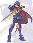  1girl bangs belt blue_cape blue_dress blue_eyes blue_footwear blue_hair blue_pants boots brown_belt cape covered_navel dress edwin_huang english_commentary eyebrows falchion_(fire_emblem) fire_emblem fire_emblem_awakening floating_cape floating_hair gold_hairband head_tilt holding holding_sword holding_weapon long_hair lucina_(fire_emblem) pants solo sword thigh_boots thighhighs weapon zoom_layer 