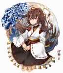  1girl adapted_costume alternate_sleeve_length brown_eyes brown_hair brown_hakama full_body hair_ribbon hakama highres ise_(kancolle) ise_kai_ni_(kancolle) japanese_clothes jitsukawa_ashi kantai_collection long_hair ponytail ribbon solo undershirt 