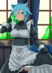  1girl ;) alternate_costume apron black_gloves black_legwear blue_curtain blue_eyes blue_hair blush clothes_lift curtains enmaided garter_straps gloves hair_between_eyes hedgehog_(harinezumi) highres lace-trimmed_legwear lace_trim maid maid_apron one_eye_closed pointing pointing_at_viewer short_hair sinon skirt skirt_lift smile solo sword_art_online thighhighs white_apron window 