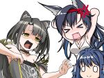  &gt;_&lt; 3girls anger_vein animal_ear_fluff animal_ears arknights astesia_(arknights) bangs bare_shoulders black_choker black_hair blaze_(arknights) blue_hair breasts cat_ears choker cleavage commentary_request crying crying_with_eyes_open dress eyebrows_visible_through_hair grey_dress hairband highres large_breasts mandragora_(arknights) multiple_girls o_o open_mouth red_hairband short_hair simple_background smile strapless strapless_dress tears upper_body white_background yellow_eyes yukinoshiro 