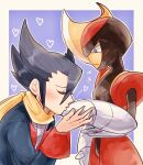  2boys bangs bisharp black_eyes black_hair black_skin blade blue_background blue_jacket blush border bright_pupils closed_eyes closed_mouth colored_skin commentary_request cowboy_shot embarrassed flying_sweatdrops from_side grimsley_(pokemon) half-closed_eyes hand_up heart helmet interspecies jacket kiss kissing_hand long_sleeves looking_at_another looking_down male_focus multiple_boys penpi pokemon pokemon_(creature) pokemon_(game) pokemon_bw pokephilia profile red_skin scarf shirt short_hair sidelocks simple_background standing u_u upper_body white_pupils white_shirt yaoi yellow_border yellow_scarf yellow_skin 