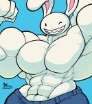  2022 abs absurd_res anthro biceps big_muscles big_pecs blue_background bottomwear clothed clothing colored denim denim_clothing digital_drawing_(artwork) digital_media_(artwork) flexing fur hi_res jeans lagomorph leporid looking_at_viewer male mammal max_(sam_and_max) muscular muscular_anthro muscular_male pants pecs rabbit sam_and_max shaded simple_background solo topless topless_male unusualboo54 white_body white_fur 