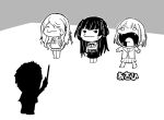  1boy 3girls 5ninde_4tenno :o anger_vein baton_(conducting) blank_eyes character_name chibi full_body greyscale idolmaster idolmaster_shiny_colors izumi_mei looking_at_another mayuzumi_fuyuko monochrome multiple_girls parody rhythm_tengoku school_uniform serizawa_asahi silhouette simple_background straylight_(idolmaster) sweatdrop 