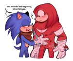  anthro any_dragonn blush clothing duo echidna english_text eulipotyphlan gloves grope handwear hedgehog hi_res knuckles_the_echidna male male/male mammal monotreme muscular muscular_male pecs scarf sega simple_background sonic_boom sonic_the_hedgehog sonic_the_hedgehog_(series) sports_tape text 