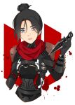  1girl apex_legends bangs black_bodysuit black_gloves black_hair blood blood_splatter blue_eyes bodysuit eternal_life_wraith gloves hair_bun head_tilt highres holding holding_knife itsaboutspoons knife nose_piercing official_alternate_costume parted_bangs parted_lips piercing red_scarf scarf smile solo wraith&#039;s_kunai wraith_(apex_legends) 