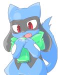  3_fingers ambiguous_gender black_body blue_body chaba fangs feral fingers green_scarf hi_res looking_down nintendo open_mouth pok&eacute;mon pok&eacute;mon_(species) red_eyes riolu scarf simple_background solo tongue video_games white_background 