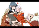  2girls bangs blue_eyes blue_hair blurry blush breast_grab breasts brown_legwear byleth_(fire_emblem) byleth_(fire_emblem)_(female) cape cleavage_cutout closed_mouth clothing_cutout couch cup depth_of_field dress drink drinking_glass edelgard_von_hresvelg elbow_gloves eyebrows_visible_through_hair fire_emblem fire_emblem:_three_houses fr0zennnnnnet gloves grabbing hand_on_another&#039;s_shoulder heart highres holding holding_cup large_breasts long_hair looking_at_another looking_at_breasts looking_down medium_hair midriff multiple_girls navel parted_bangs patterned_legwear pillow print_legwear purple_eyes red_dress red_gloves silver_hair simple_background sitting smile stuffed_animal stuffed_toy symbol-only_commentary teddy_bear white_background wine_glass yuri 