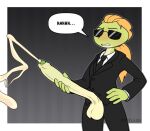  amphibian black_tie_(suit) blush bodily_fluids clothed clothing cum cum_string dialogue dialogue_box eyewear frog genital_fluids genitals glasses gynomorph hand_on_penis intersex masturbation megan_ziegler penile penile_masturbation penis perpleon poking_out solo suit text 