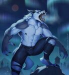  2022 abs anthro aurora_borealis biped bodily_fluids bottomwear bulge canid canine claws clothing digitigrade fangs finger_claws fur grey_body grey_fur hi_res male mammal muscular muscular_anthro muscular_male open_mouth outside pants pecs phinnherz saliva saliva_string solo toe_claws were werecanid werecanine werewolf white_body white_eyes white_fur 