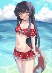  1girl 72_(mmmmkk) bangs bare_legs bikini black_hair blush breasts brown_eyes choker highres idolmaster idolmaster_shiny_colors innertube long_hair looking_at_viewer mayuzumi_fuyuko navel ocean off-shoulder_bikini off_shoulder open_mouth sky small_breasts swimsuit two_side_up 