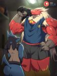  absurd_res anthro big_muscles blaziken bna_v5 bodily_fluids bottomwear butt clothing duo hi_res huge_muscles huge_pecs larger_male lucario male male/male muscular muscular_male nintendo nipples nude pok&eacute;mon pok&eacute;mon_(species) shirt shorts size_difference smaller_male sweat tank_top topwear video_games 