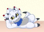  anthro bandai_namco bandanna bedroom_eyes belly black_claws claws cocampplus digimon digimon_(species) digimon_ghost_game gammamon horn kerchief looking_at_viewer lying male narrowed_eyes on_side seductive slightly_chubby solo white_body yellow_eyes 