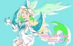  1girl akatsuki_kirika blonde_hair blush breasts covered_navel dated glowing glowing_hair gradient_hair green_eyes green_hair happy_birthday head_wings headgear highres leotard long_hair looking_at_viewer multicolored_hair senki_zesshou_symphogear shiny shiny_hair shiny_skin skin_tight skirt smile solo standing striped type-moongundam x-drive_(symphogear) 