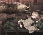  1girl animal bangs black_legwear black_shirt blanket blonde_hair closed_eyes couch eel eyelashes long_hair lying moray_eel on_back on_couch original painting_(object) pumps shirt shoe_dangle sleeping thighhighs yu_(lovepayon) 