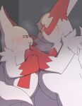  anthro belly_to_belly blush bodily_fluids breath dominant duo embarrassed eye_contact fluffy fur kabedon looking_at_another matchstick_39 nintendo panting pok&eacute;mon pok&eacute;mon_(species) shoulder_tuft slightly_chubby tears tuft video_games white_body white_fur zangoose 