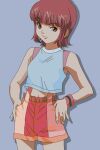  1girl absurdres azusagawa_mizuno bangs brown_eyes brown_hair cat_higeo crop_top eyebrows_visible_through_hair highres looking_at_viewer midriff shirt short_hair shorts simple_background sleeveless sleeveless_shirt solo standing thumbs_in_pockets wristband yakitate!!_japan 