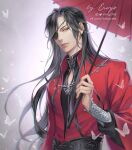  1boy artist_name bishounen black_hair bug butterfly butterfly_necklace chinese_clothes ereyz eyepatch grey_eyes hua_cheng long_hair male_focus oil-paper_umbrella outdoors red_umbrella solo standing tian_guan_ci_fu umbrella upper_body white_butterfly 