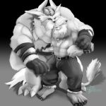  abs anthro armor asrou bandai_namco belt biceps bulge digimon digimon_(species) duo embrace headgear helmet hi_res hug leomon male male/male muscular muscular_anthro muscular_male pecs shirtless size_difference vikemon 