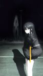  1girl 1other absurdres black_hair cr_iws_t_72 dark expressionless from_side grass hand_in_pocket highres horror_(theme) jacket lamppost long_hair looking_at_viewer monster night original road shadow yellow_eyes 