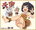  2girls :&lt; animal_ear_fluff animal_ears animal_print bangs bare_legs bare_shoulders barefoot black_hair blush bracelet breasts brown_swimsuit collarbone colored_skin commentary_request dated ehoumaki eyebrows_visible_through_hair fake_horns fang food horns jewelry kukuri_(mawaru) makizushi mawaru_(mawaru) medium_breasts multiple_girls oni_horns open_mouth original print_swimsuit purple_eyes single_horn small_breasts spiked_bracelet spikes sushi swimsuit tiger_print translation_request triangle_mouth white_skin 
