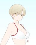  1girl bangs blonde_hair blue_archive bra breasts cleavage collarbone eyebrows_visible_through_hair gradient gradient_background highres large_breasts light_smile looking_at_viewer looking_to_the_side marina_(blue_archive) pixie_cut red_trim short_hair signature simple_background slit_pupils solo underwear upper_body white_background white_bra yan_wan yellow_eyes 