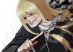  1boy 947kyoukou ascot black_robe blonde_hair blurry eyepatch grin levi_rosequartz long_hair mashle sharp_teeth smile solo teeth upper_body wand white_background yellow_eyes 