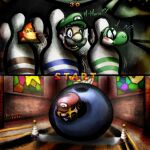  2022 anthro ape bodily_fluids bowling bowling_alley bowling_ball bowling_pin bowser clothing dialogue dinosaur donkey_kong_(character) donkey_kong_(series) emanata facial_hair fuckable_pin green_yoshi group haplorhine hat headgear headwear hi_res horny_blue_bowlingball human kochapatsu looking_at_another luigi male mammal mario mario_bros mario_party meme mustache nintendo open_mouth parody primate reptile scalie smile star_eyes sweat sweatdrop teeth text video_games window worried wyer_bowling_(meme) yoshi 