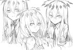  1girl bangs closed_mouth collared_shirt cropped_torso gekiyaku greyscale hair_between_eyes long_sleeves looking_at_viewer monochrome multiple_views neck_ribbon parted_lips poono ribbon shirt short_eyebrows simple_background sketch smile thick_eyebrows upper_body utau white_background 