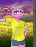  amphibian anthro arm_out averylostfox axolotl bottomwear clothing eyeshadow female hand_behind_back hi_res looking_at_viewer makeup mole_salamander pink_body pink_skin portrait salamander_(amphibian) shirt shorts solo standing sunset three-quarter_portrait topwear valentina_(sponchador) wheat yellow_clothing yellow_eyes yellow_shirt yellow_topwear 