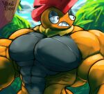  abs anthro biceps big_pecs blue_background brown_background colored forest forest_background green_background grey_body grey_skin half-closed_eyes head_crest hi_res looking_aside male mane muscular muscular_anthro muscular_male narrowed_eyes nature nature_background nintendo orange_body orange_skin pecs plant pok&eacute;mon pok&eacute;mon_(species) scrafty shaded simple_background solo tree unusualboo54 video_games 