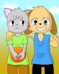  anthro ball blue_eyes blush canid canine canis clothed clothing domestic_cat domestic_dog duo felid feline felis fur gesture grey_body grey_fur hi_res male mammal obataria red_eyes smile teenager v_sign yellow_body yellow_fur young 