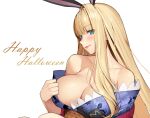  1girl animal_ears arm_support bare_shoulders blonde_hair blue_kimono blush breasts cleavage collarbone commission english_commentary english_text eyebrows_visible_through_hair floral_print green_eyes halloween happy_halloween hat highres japanese_clothes kimono kimono_tug large_breasts light_smile long_hair long_sleeves looking_at_viewer migu_(iws2525) mole mole_under_eye original pink_lips print_kimono rabbit_ears rabii short_kimono silhouette sitting solo upper_body white_background wide_sleeves witch_hat 