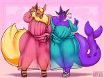  anthro big_breasts black_sclera blush breast_squish breasts chubby_female clothing dress drokmars duo eeveelution eyewear eyewear_on_head fangs female female/female flareon footwear fur gesture glistening glistening_body goggles goggles_on_head hi_res huge_breasts hyper hyper_breasts long_dress looking_at_viewer melody_(drokmars) nintendo one_eye_closed orange_body orange_fur overweight pok&eacute;mon pok&eacute;mon_(species) pupils sandals shoes slightly_chubby squish thick_thighs thumbs_up vaporeon video_games waving white_pupils wink yellow_body yellow_fur 