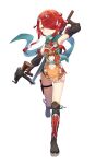  1girl absurdres ak-47 armpits assault_rifle clothing_cutout dual_wielding eyebrows_visible_through_hair full_body gun hair_over_one_eye highres holding holding_gun holding_sword holding_weapon hoozuki_warabe horns jika-tabi kalashnikov_rifle kunai looking_at_viewer navel navel_cutout noripro okanoyuno oni oni_horns pointy_ears red_hair rifle scarf shin_guards short_hair_with_long_locks sidelocks simple_background smile solo sword thigh_strap virtual_youtuber weapon white_background 