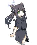  1girl :d animal_ear_fluff animal_ears arms_behind_back bangs black_dress black_hair blue_archive blush_stickers commentary_request cowboy_shot cropped_legs dress eyebrows_visible_through_hair from_side green_eyes halo long_hair looking_at_viewer looking_to_the_side mawaru_(mawaru) own_hands_together short_sleeves shun_(blue_archive) shun_(kid)_(blue_archive) simple_background smile solo thighhighs twintails white_background white_legwear 