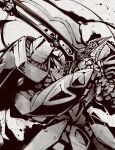  absurdres clenched_teeth grey_background greyscale grungust_ichishiki highres holding holding_sword holding_weapon ishiyumi looking_at_viewer mecha monochrome no_humans science_fiction solo super_robot super_robot_wars super_robot_wars_original_generation sword teeth weapon 