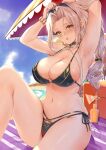  1girl armpits arms_up bangs beach_towel beach_umbrella bikini blonde_hair blue_sky bracelet breasts carmilla_(fate) carmilla_(swimsuit_rider)_(fate) cleavage cloud cloudy_sky commentary_request day earrings eyewear_on_head fate/grand_order fate_(series) fingernails gold_trim highres jewelry large_breasts long_hair looking_at_viewer lotion_bottle low-tied_long_hair nail_polish navel open_mouth outdoors shiny shiny_hair shiny_skin side-tie_bikini simple_background sitting sky solo stomach striped sunglasses sweat sweatdrop swimsuit thighs towel toyoman umbrella water yellow_eyes 