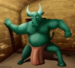  anthro belly bottomwear bovid bovine brick cattle clay clothing detailed_background ears_up european_mythology eyebrows fist goo_creature greek_mythology green_body green_eyes hi_res hooves horn labyrinth loincloth looking_at_viewer male mammal maze minotaur moobs mythology navel nipples open_palm overweight overweight_anthro overweight_male raised_eyebrow shadow simple_background smile solo tail_tuft tuft wontonrhino yellow_background 