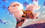  arcanine brown_eyes closed_mouth cloud commentary_request day fangs fangs_out no_humans outdoors pokemon pokemon_(creature) running sky smile solo sun sunset yoshida_(penguindynamite) 