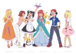  6+boys apron ash_ketchum ashley_(pokemon) ashley_(pokemon_bw098) bangs black_dress black_shirt blonde_hair blue_jacket blunt_bangs bow brown_hair commentary_request dress fingerless_gloves gloves grey_pants hair_bow hands_up hat highres jacket knees long_hair maid_headdress male_focus multiple_boys orange_dress pants pink_shirt pink_skirt pokemon pokemon_(anime) pokemon_(classic_anime) pokemon_bw_(anime) pokemon_dppt_(anime) pokemon_sm_(anime) pokemon_xy_(anime) red_headwear sandals shirt shoes short_sleeves sidelocks skirt socks standing white_apron white_footwear white_legwear white_pants yoi_(207342) 