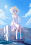  1girl absurdres barefoot breasts cloud collarbone dress english_commentary gy1966 hair_between_eyes hat highres lens_flare long_hair looking_at_viewer medium_breasts original outdoors purple_eyes sitting sky solo straw_hat sun_hat sundress very_long_hair white_hair 