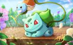  bright_pupils bulbasaur claws closed_mouth cloud commentary_request day falling_petals flower looking_down lying on_stomach outdoors persian petals plant pokemon pokemon_(creature) red_eyes skarameru sky smile sprout squirtle themed_object vines watering_can white_pupils 