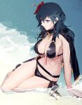  1girl beach bikini black_bikini black_capelet blue_hair breasts byleth_(fire_emblem) byleth_(fire_emblem)_(female) capelet cleavage closed_mouth commentary expressionless fire_emblem fire_emblem:_three_houses fire_emblem_heroes flower from_above full_body hair_between_eyes hair_flower hair_ornament hibiscus l0gman large_breasts long_hair navel ocean official_alternate_costume purple_eyes sitting solo stomach swimsuit thighs twitter_username water yokozuwari 